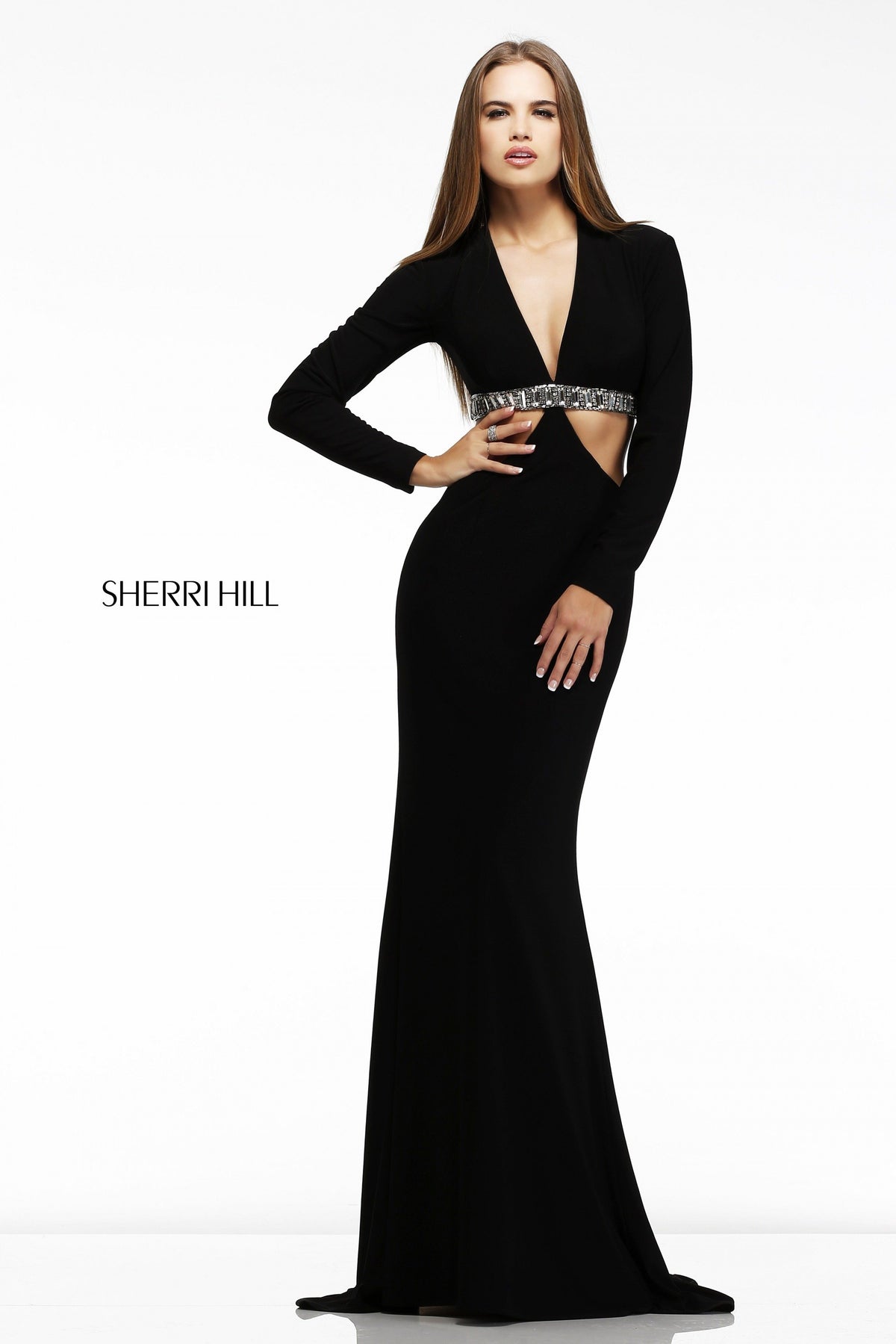 Sherri Hill 21250 long-sleeve jersey gown with cutouts