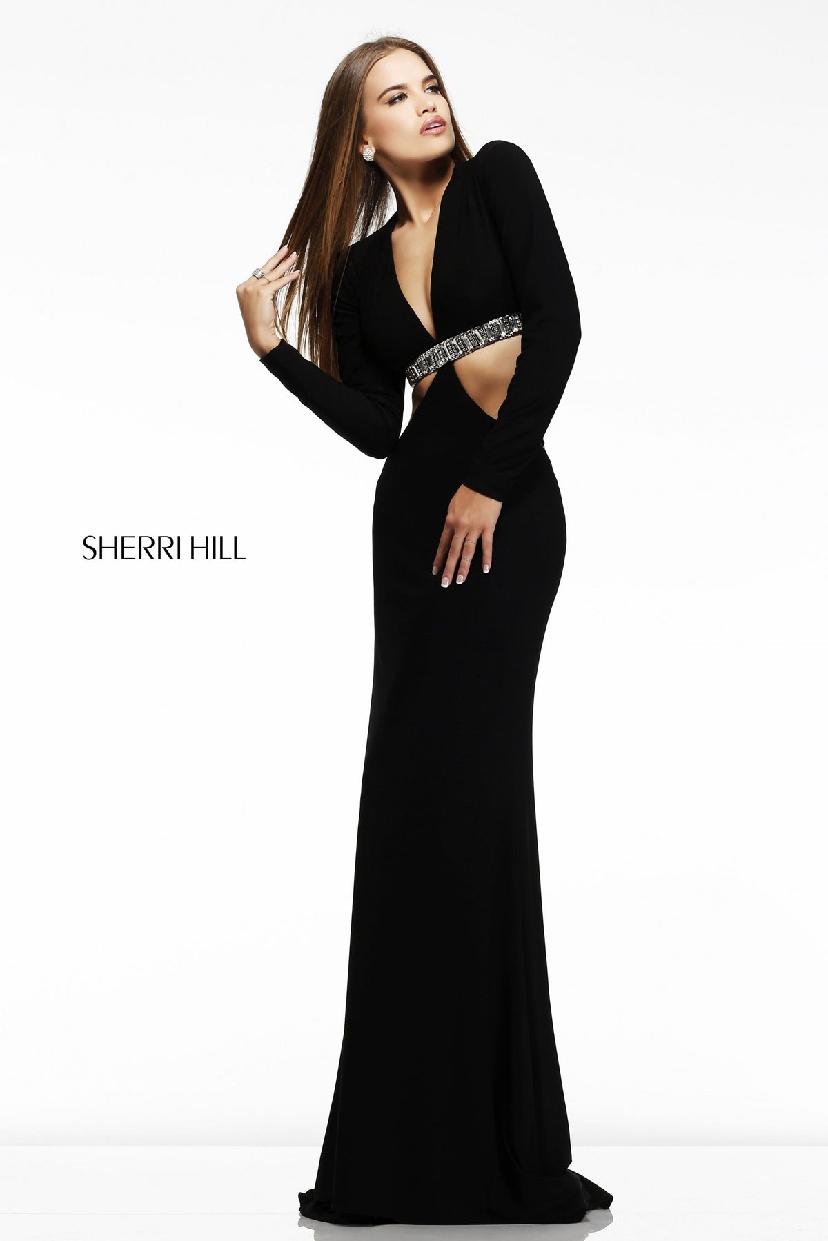 Sherri Hill 21250 long-sleeve jersey gown with cutouts
