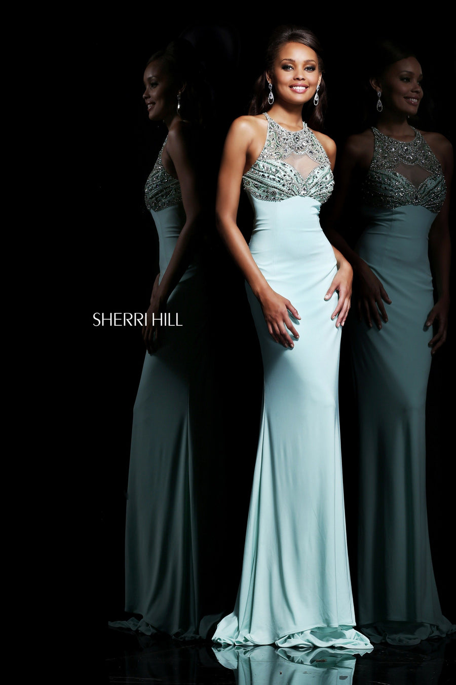 Sherri Hill style 21251 in seafoam, High-Neck Beaded Fitted Gown