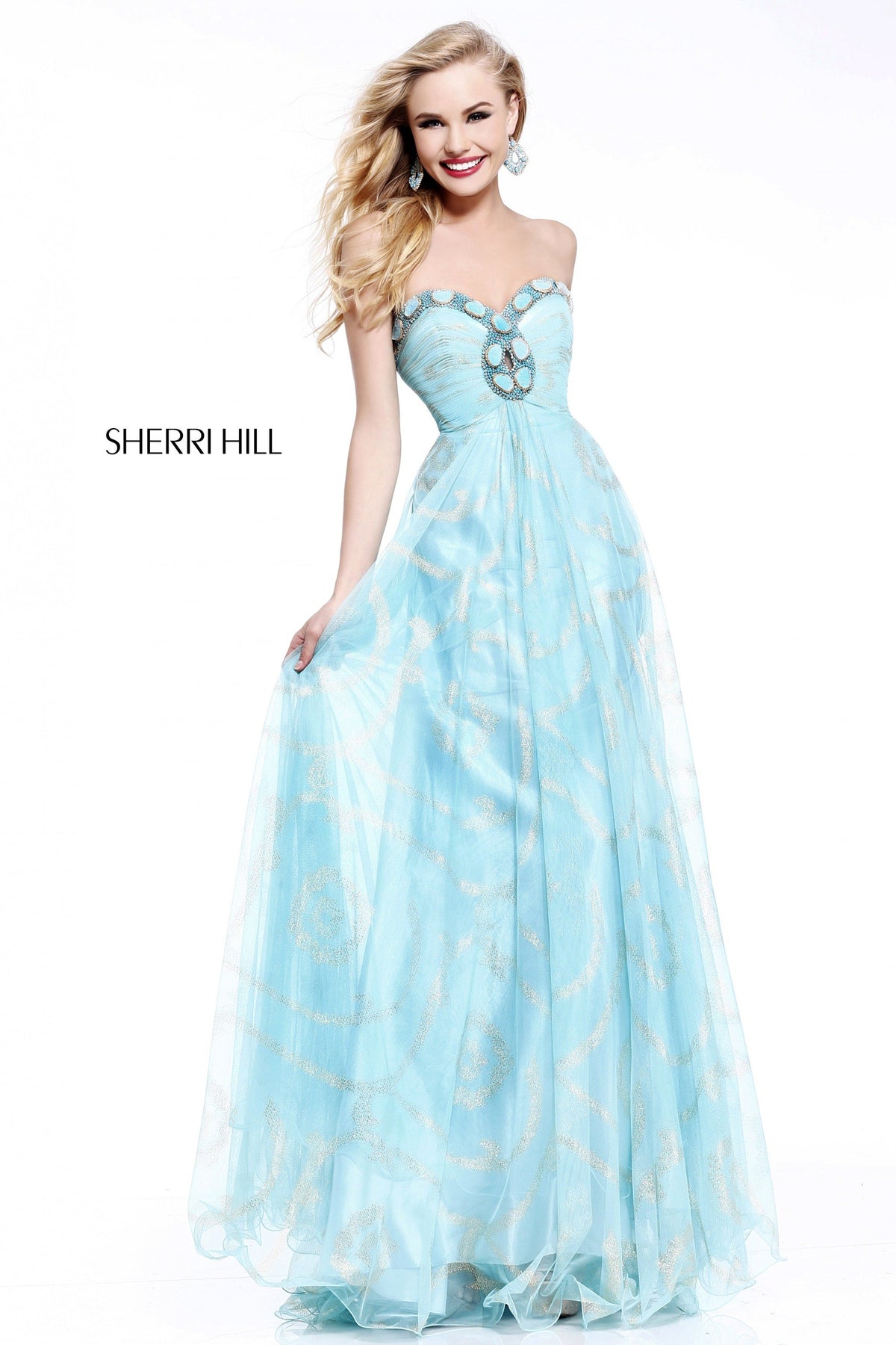 Sherri Hill 21253 lace A-line gown in aqua