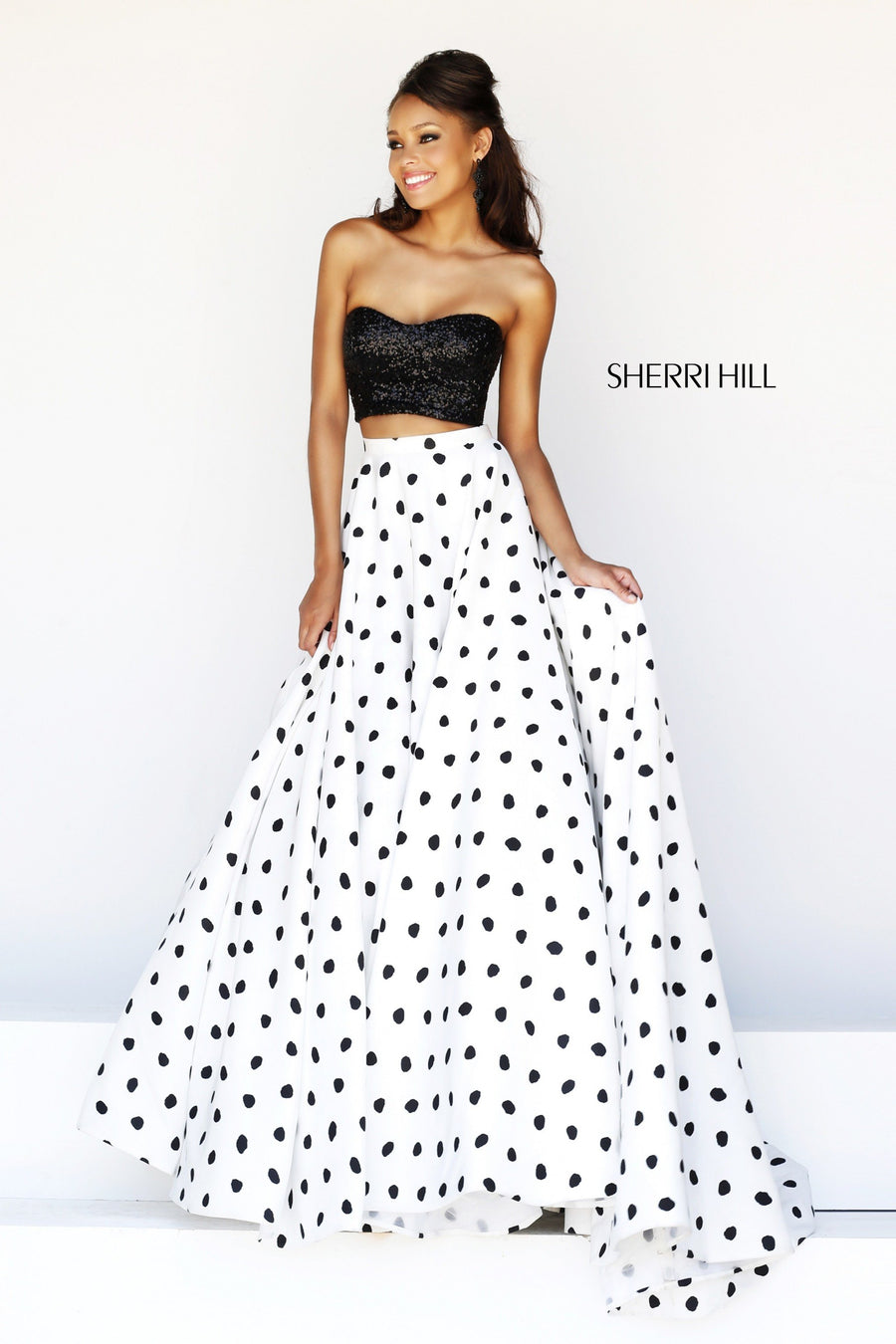 Sherri Hill style 21259 in ivory/black, Strapless Polka Dot Ball Gown