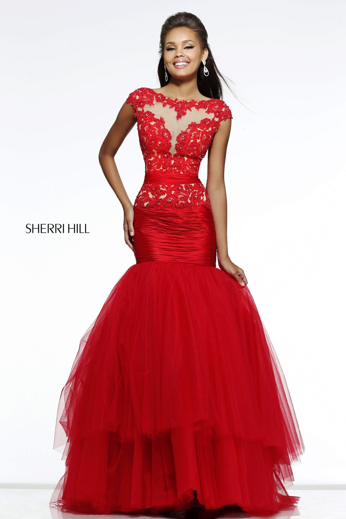 Sherri Hill 21261 cap-sleeve lace mermaid gown with tulle skirt in red/nude