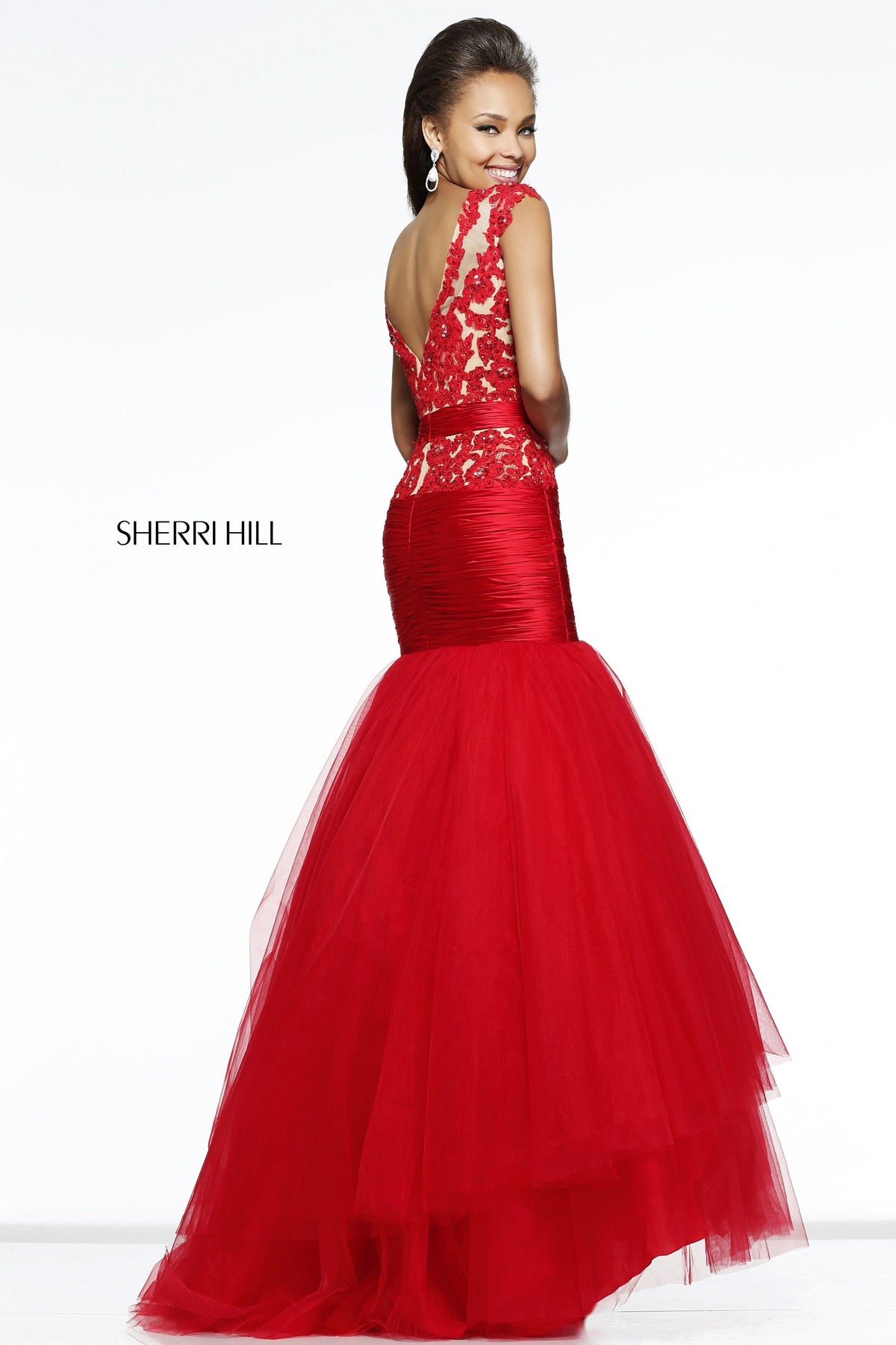 Sherri Hill 21261 cap-sleeve lace mermaid gown with tulle skirt