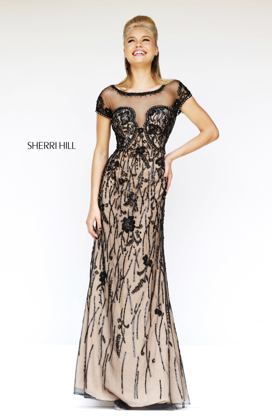 Sherri Hill style 21262 in black/nude, Cap-Sleeve Beaded Tulle Gown