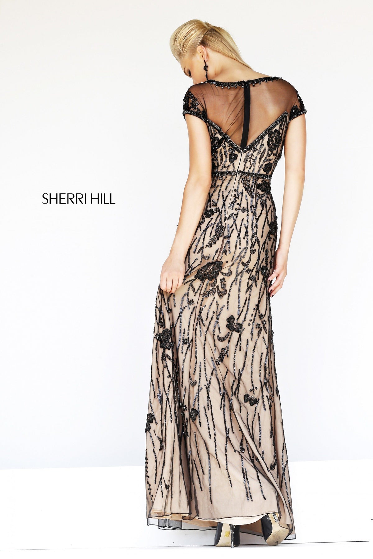 Sherri Hill 21262 cap-sleeve beaded tulle gown in black/nude