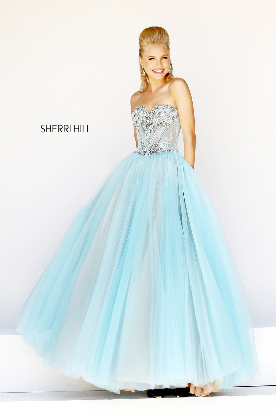 Sherri Hill style 21263 in aqua/nude/silver, Strapless Beaded Tulle Ball Gown