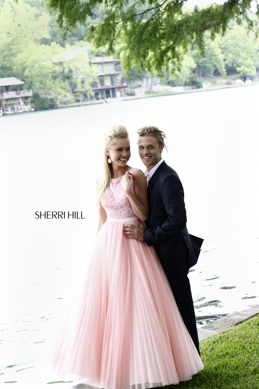Sherri Hill style 21265 in aqua, Strapless Tulle A-Line Gown