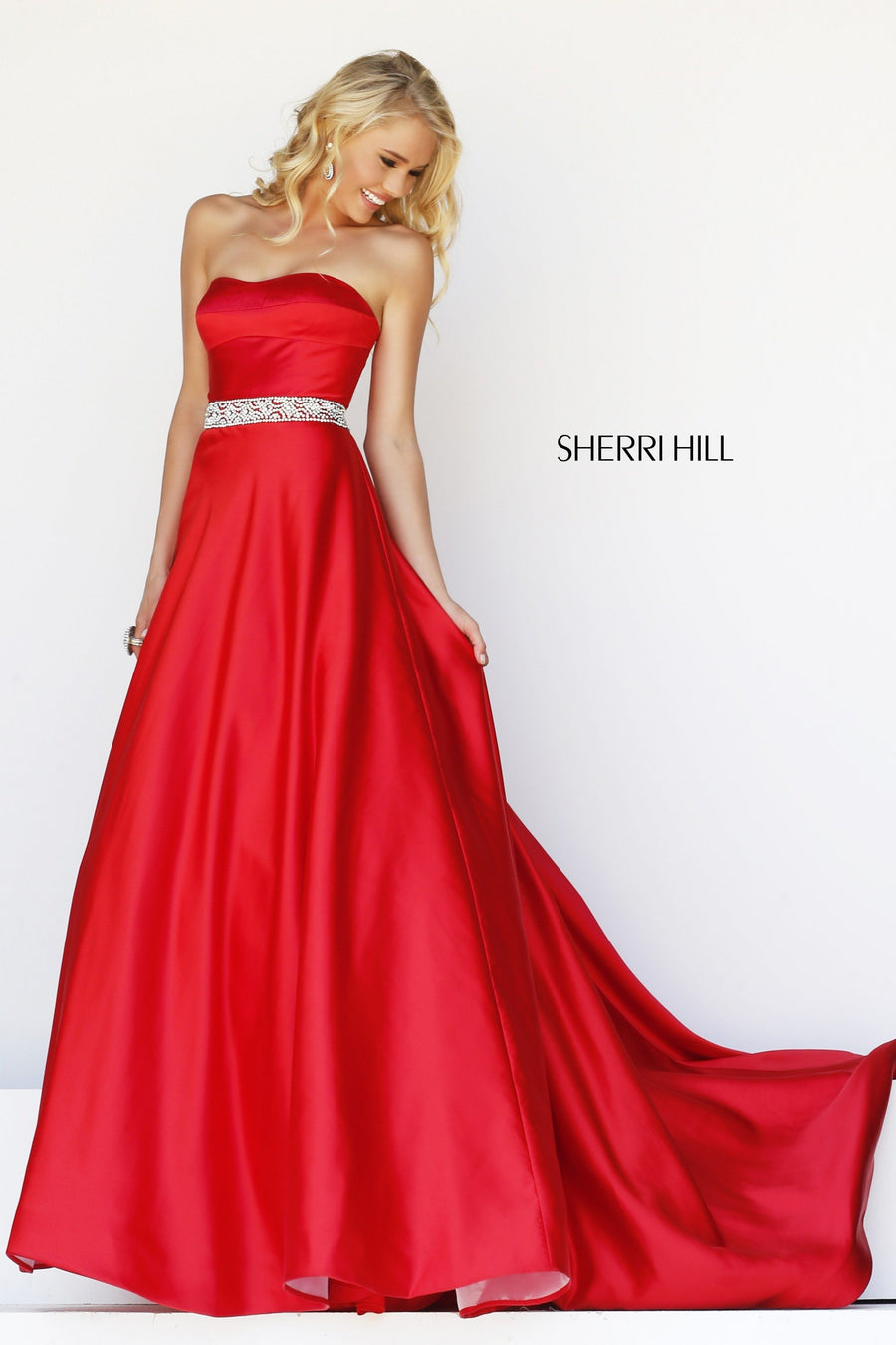 Sherri Hill style 21276 in red, Strapless Satin Gown with Beaded Waist