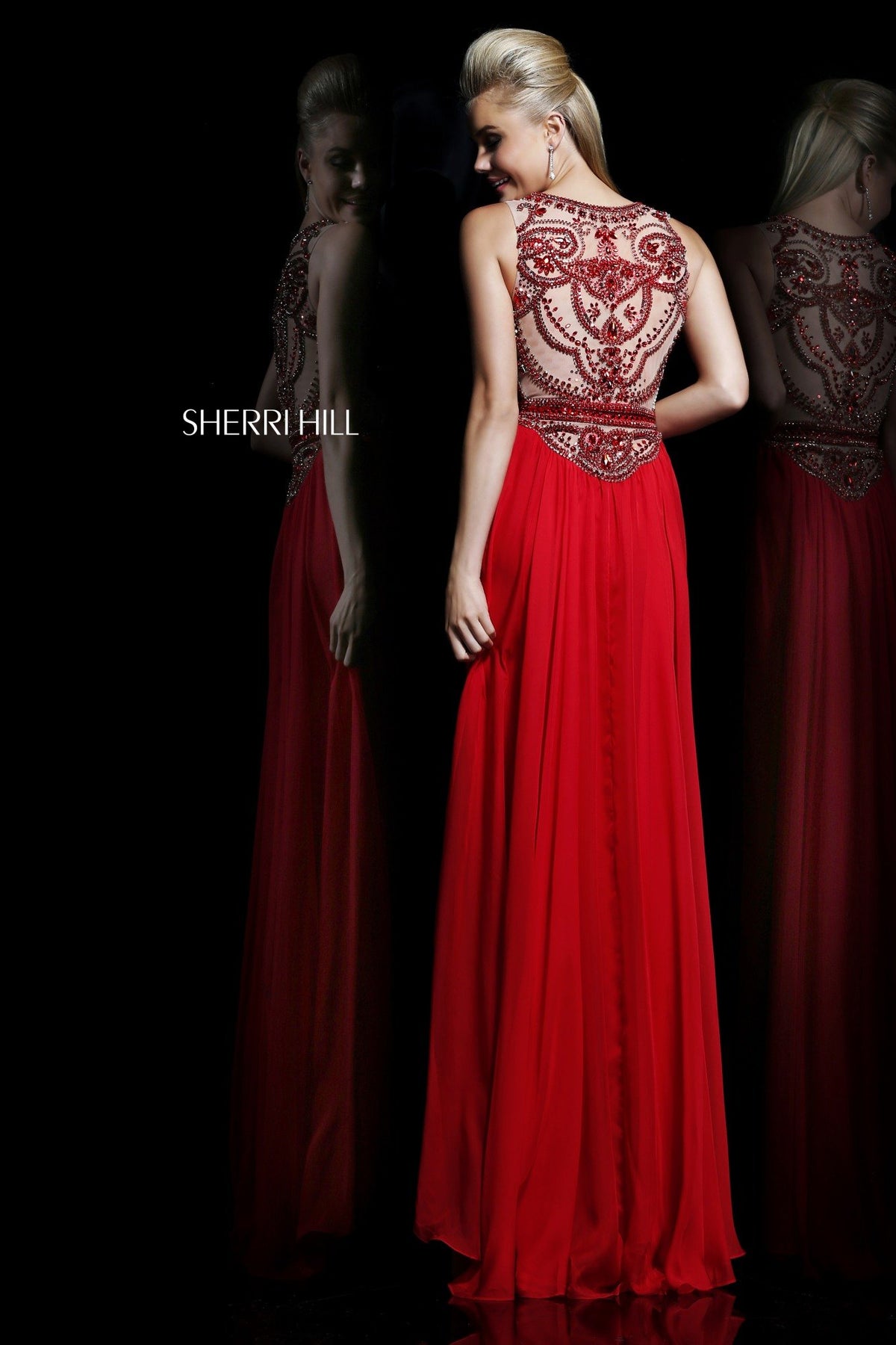 Sherri Hill 11069 high-neck beaded dress in red/nude