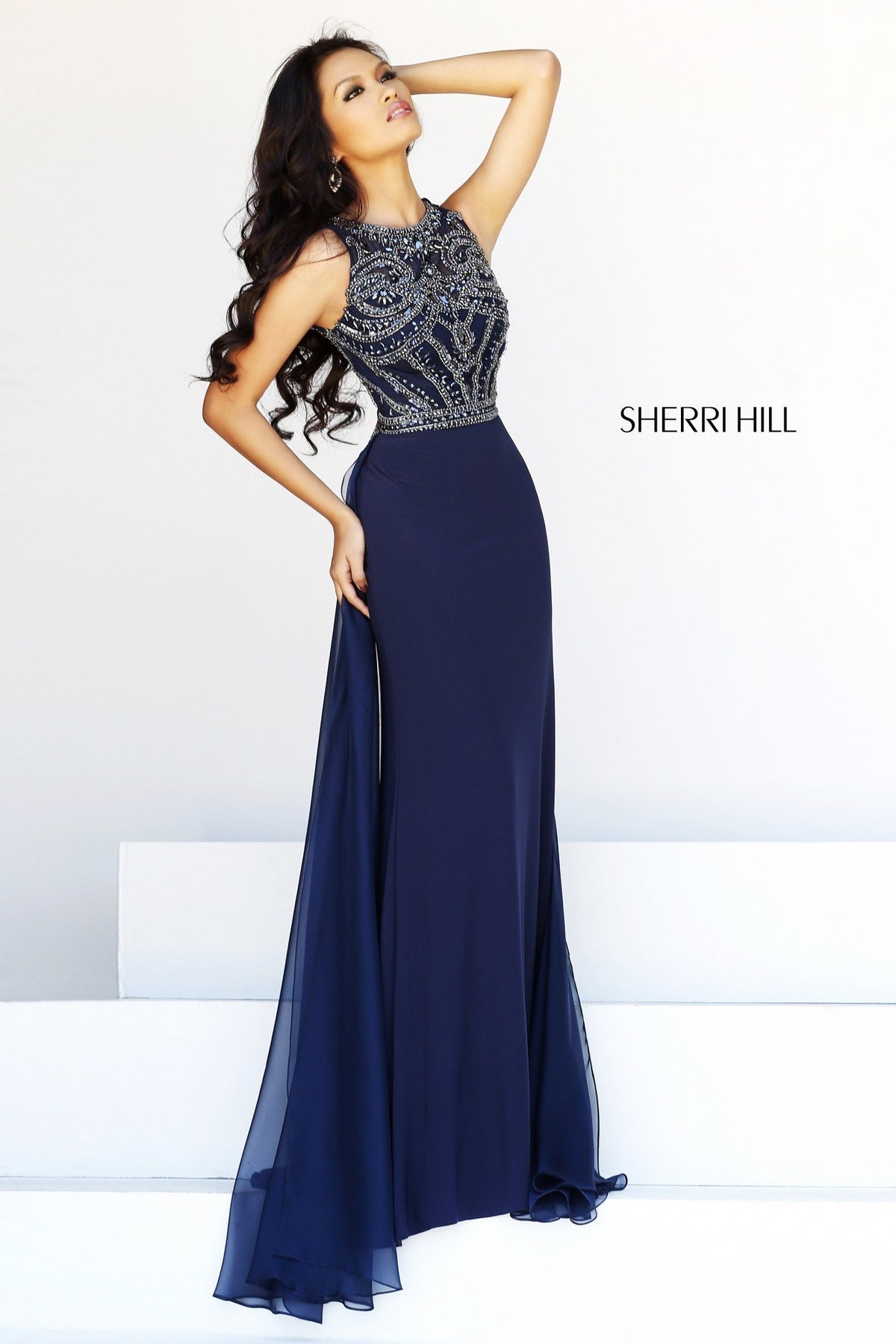 Sherri Hill 11069 high-neck beaded dress in navy/gunmetal