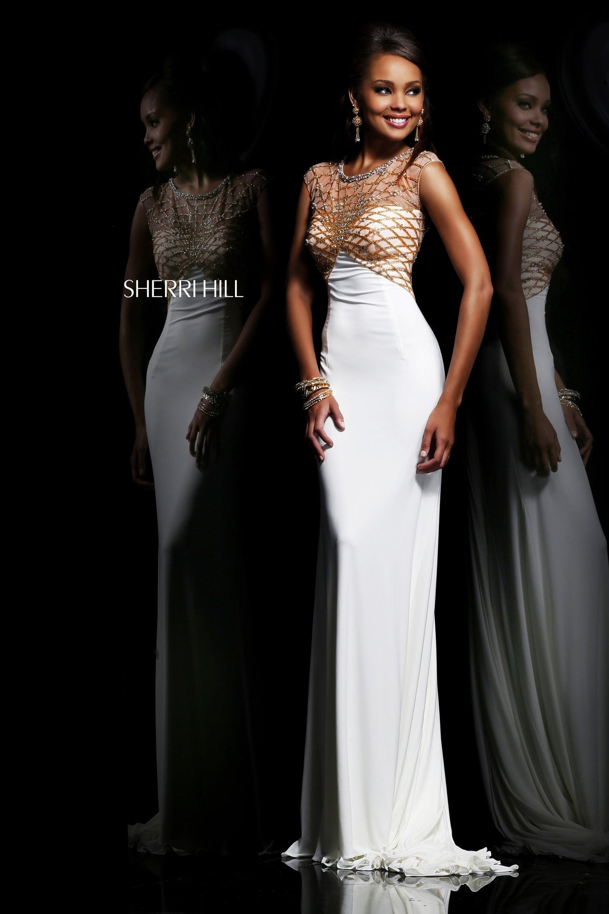 Sherri Hill 11070 V-neck beaded fitted jersey gown in ivory