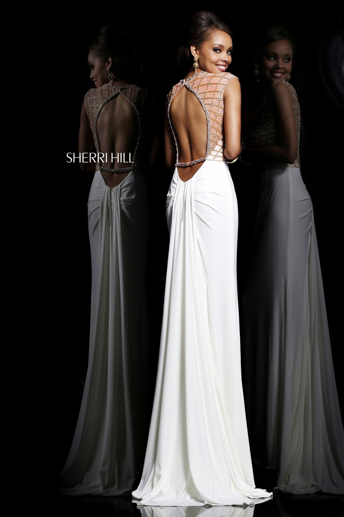 Sherri Hill 11070 V-neck beaded fitted jersey gown in ivory