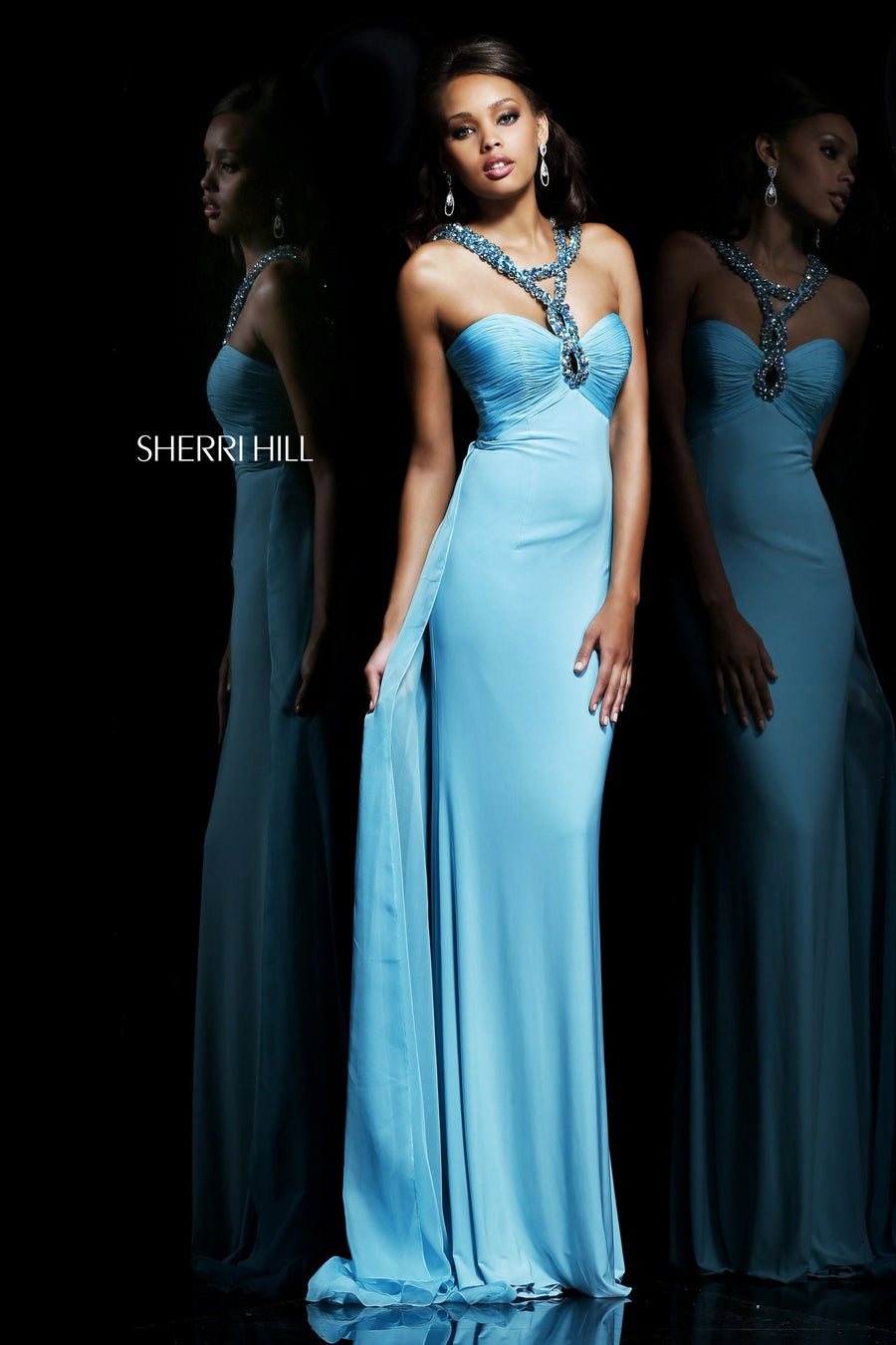 Sherri Hill style 11071 in aqua, Halter Jersey Gown with Beaded Neckline