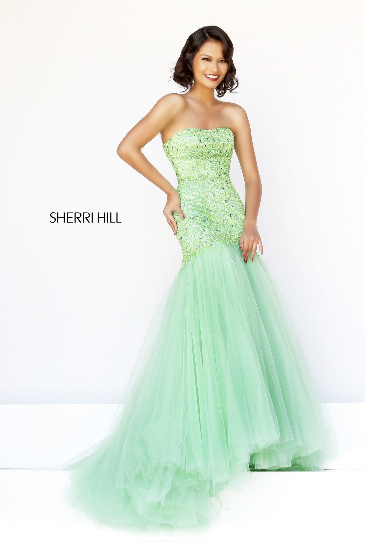 Sherri Hill 21280 strapless mermaid gown in light green