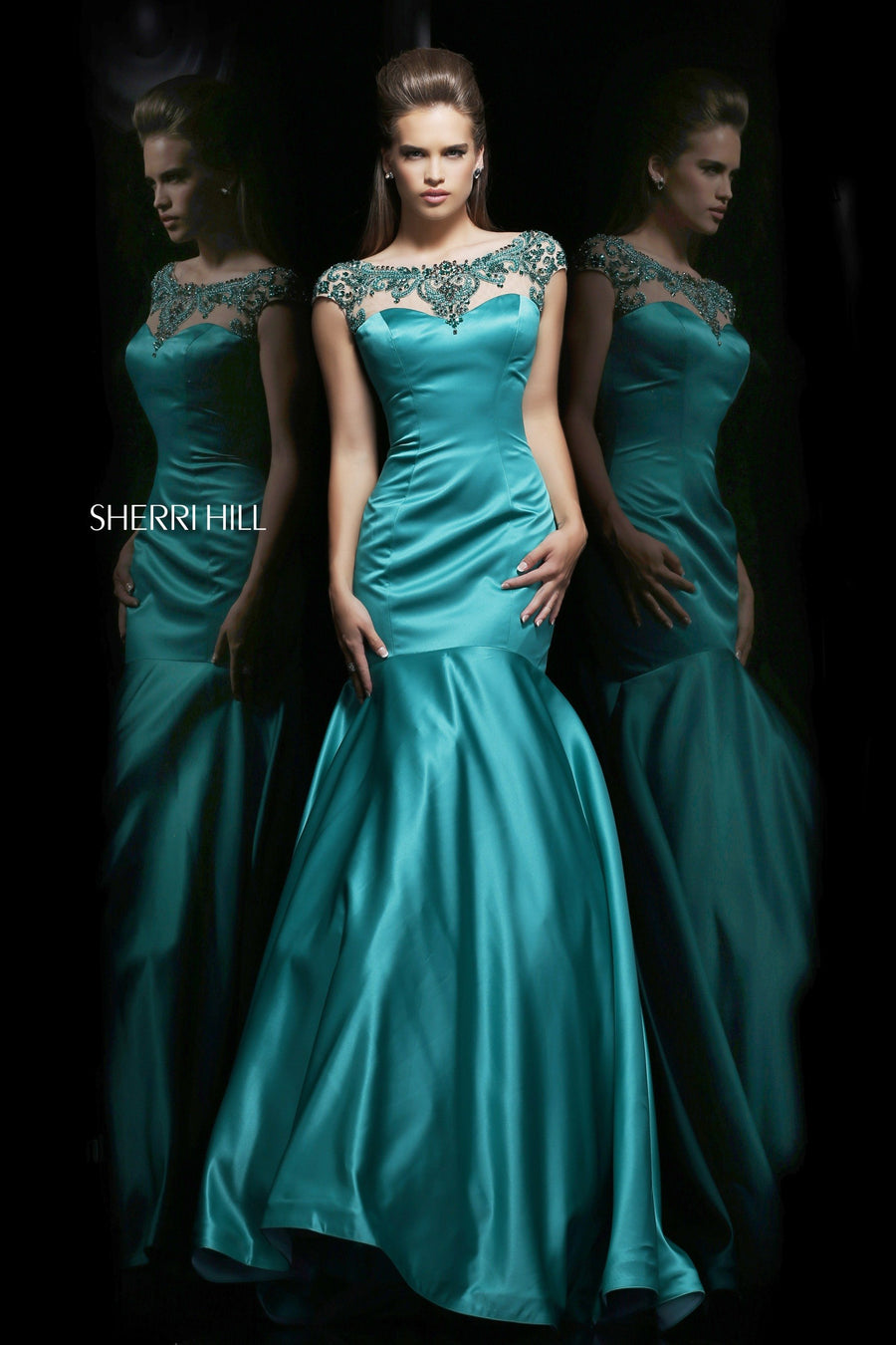 Sherri Hill style 21281 in emerald, Cap-Sleeve Satin Mermaid Gown