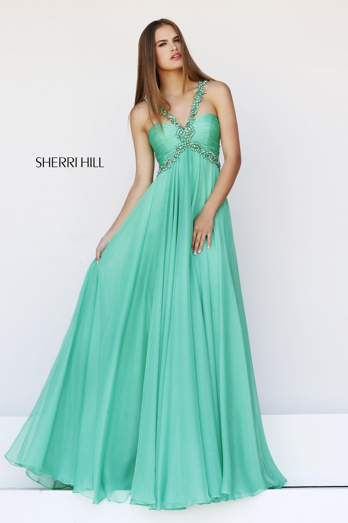 Sherri Hill 11072 one-shoulder chiffon gown in green
