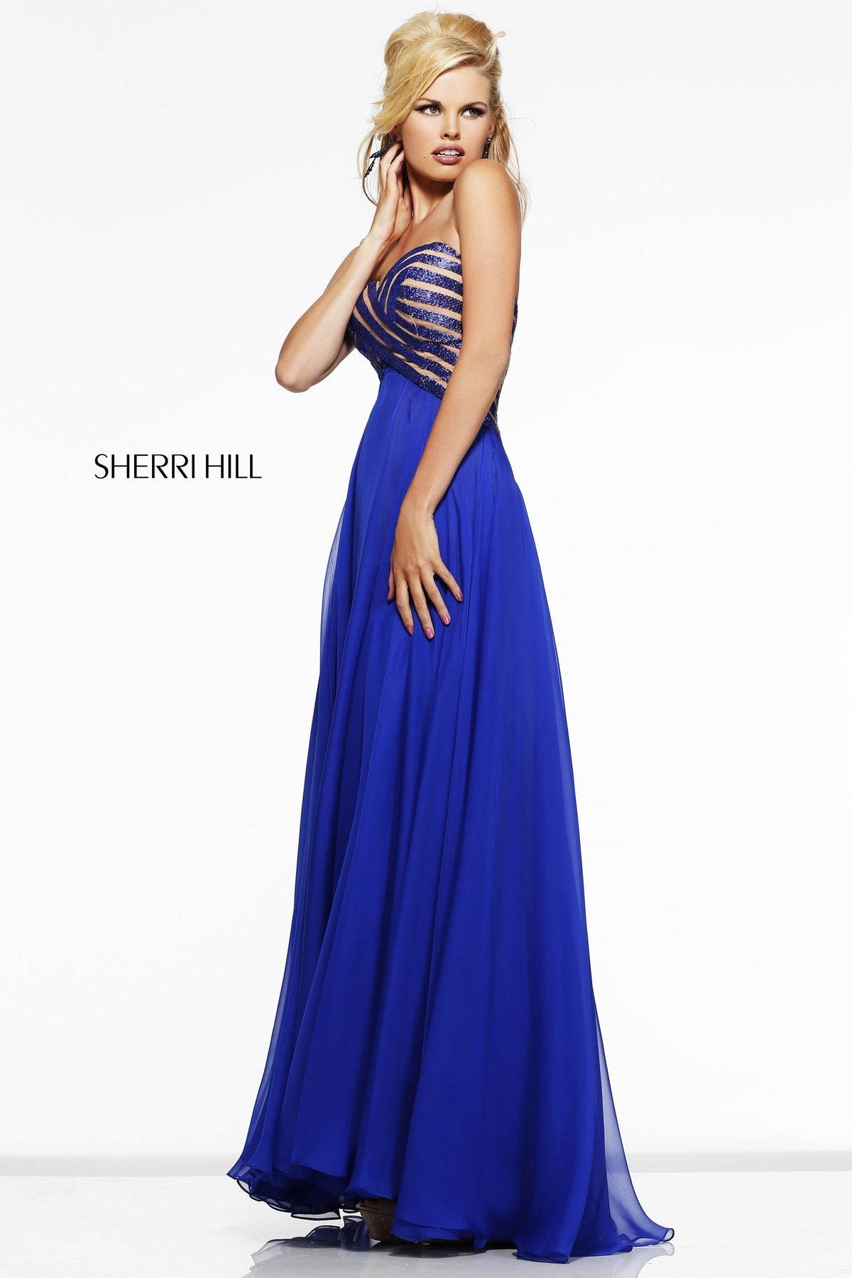 Sherri Hill 11074 strapless chiffon gown with beaded bodice