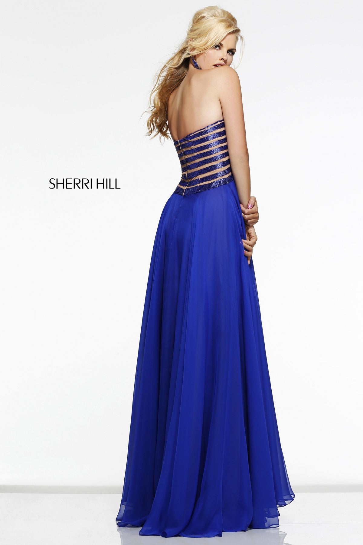 Sherri Hill 11074 strapless chiffon gown with beaded bodice
