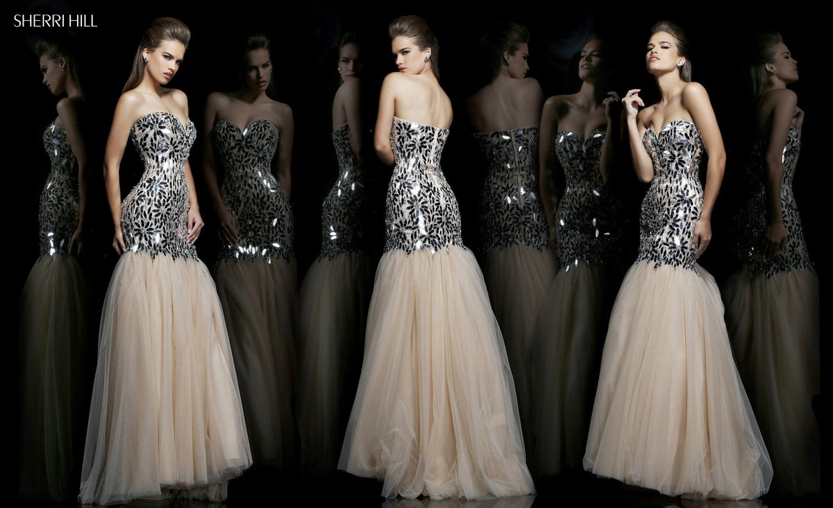 Sherri Hill 21285 strapless sequin mermaid gown with tulle skirt