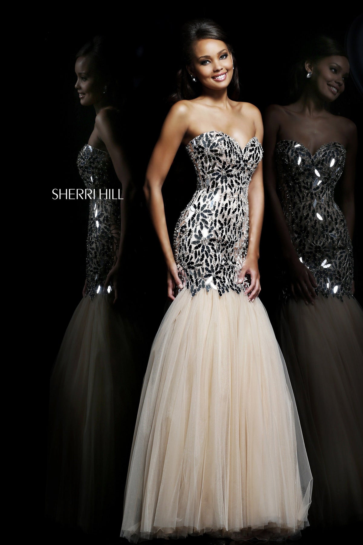 Sherri Hill 21285 strapless sequin mermaid gown with tulle skirt in nude