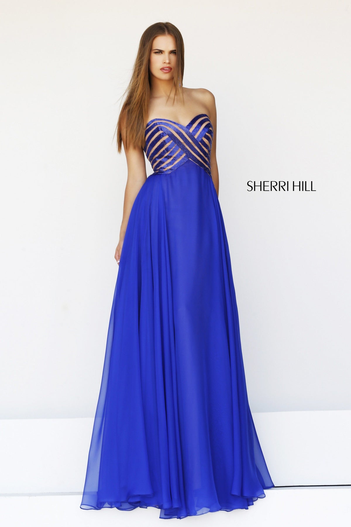 Sherri Hill 11074 strapless chiffon gown with beaded bodice