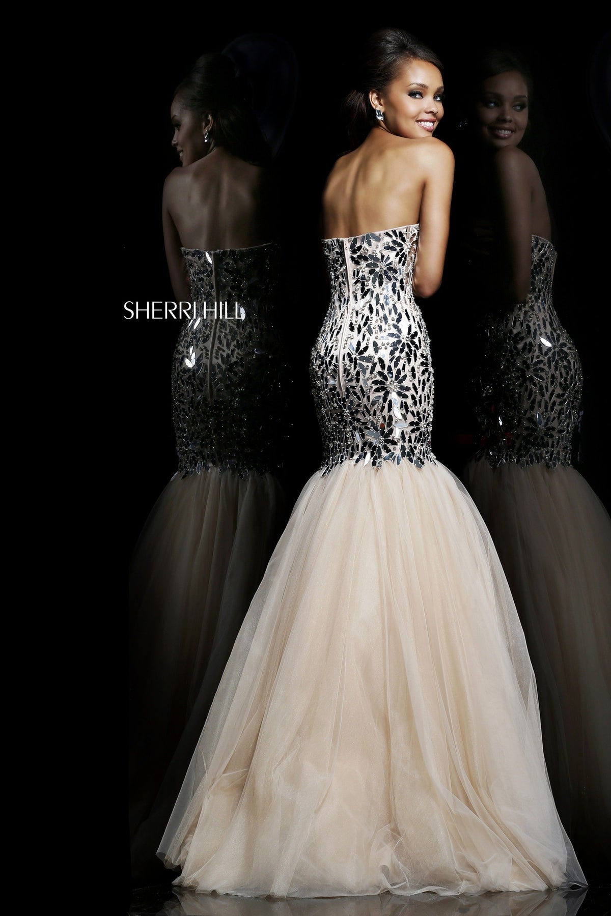 Sherri Hill 21285 strapless sequin mermaid gown with tulle skirt