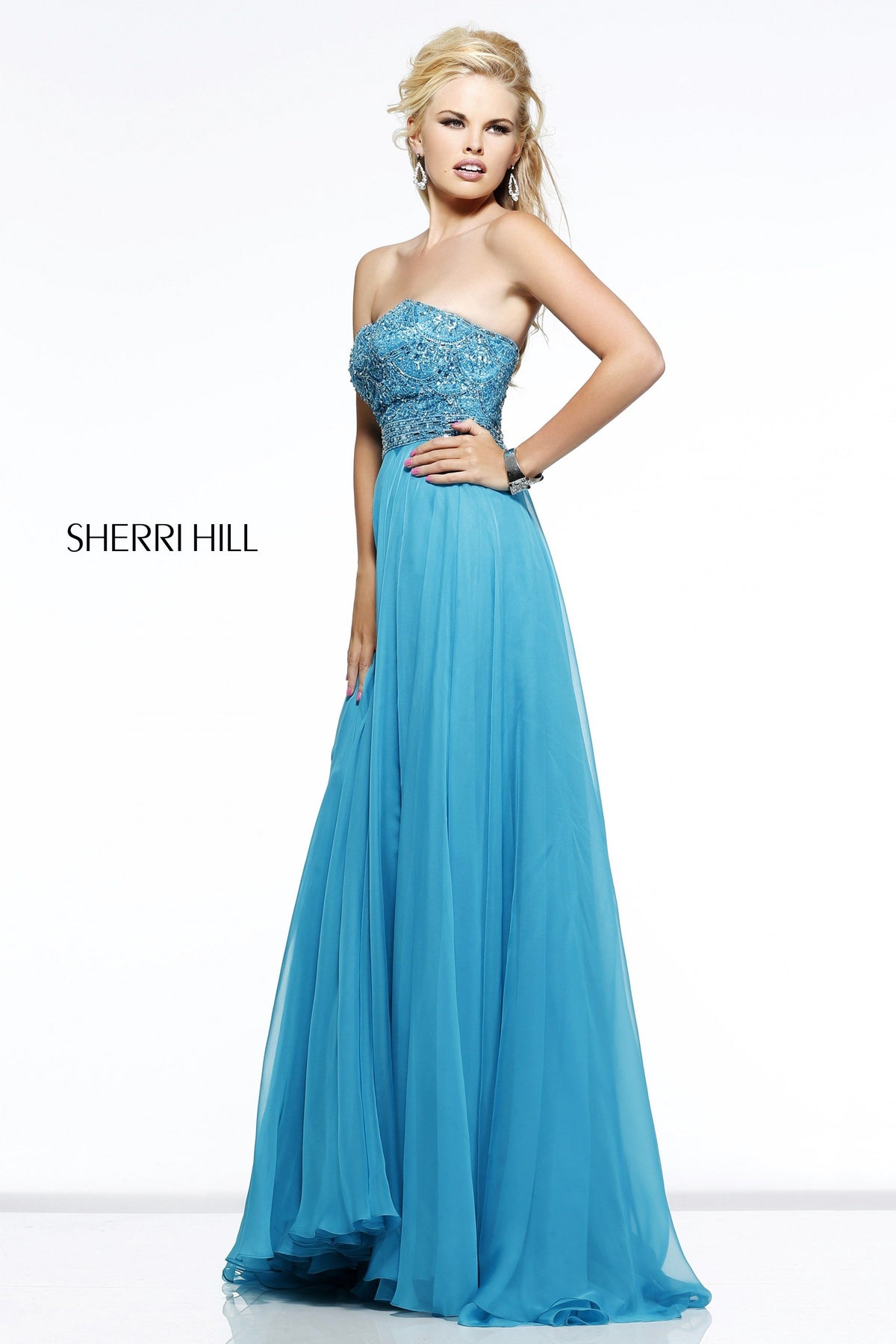 Sherri Hill 11075 strapless beaded bodice tulle gown in turquoise