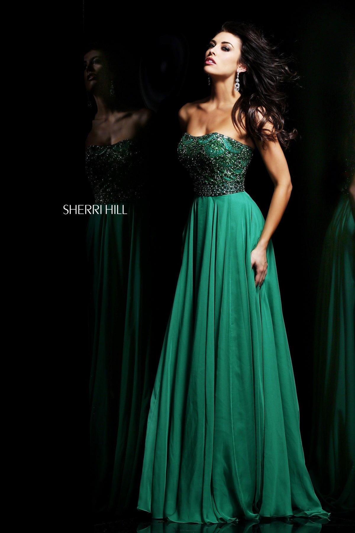 Sherri Hill 11075 strapless beaded bodice tulle gown in emerald