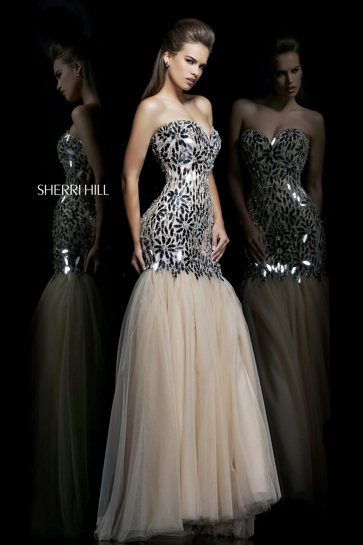 Sherri Hill 21285 strapless sequin mermaid gown with tulle skirt