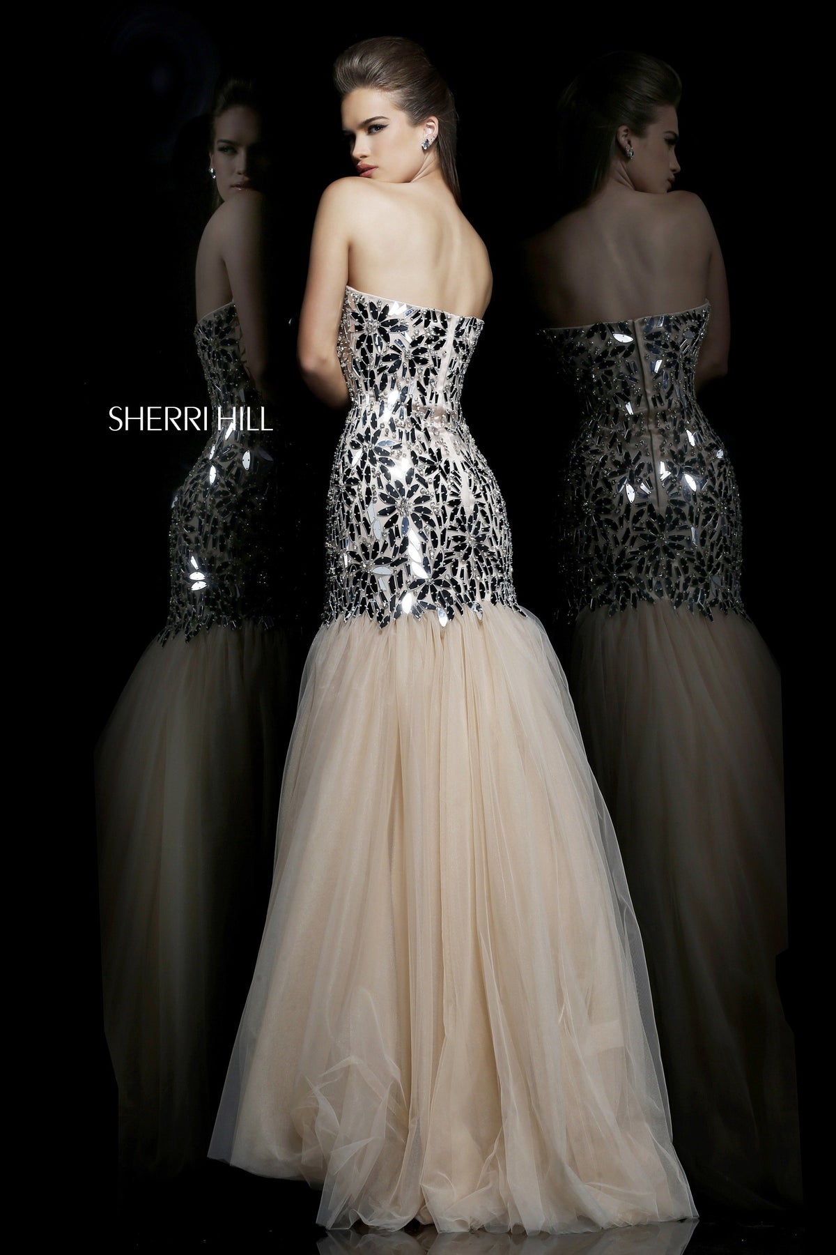 Sherri Hill 21285 strapless sequin mermaid gown with tulle skirt