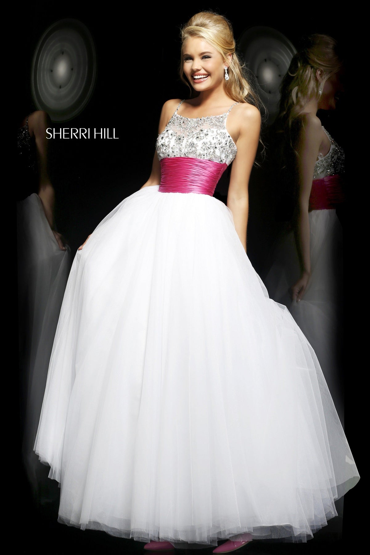 Sherri Hill 21288 strapless tulle ball gown with beaded waist in white/fuchsia