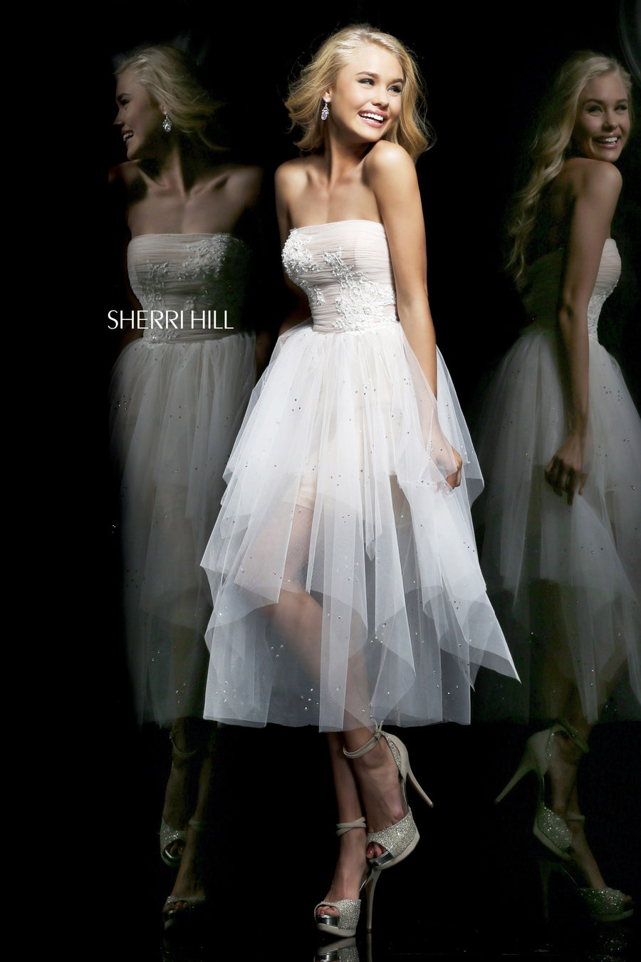 Sherri Hill style 21299 in ivory/nude, Strapless Tulle High-Low Dress