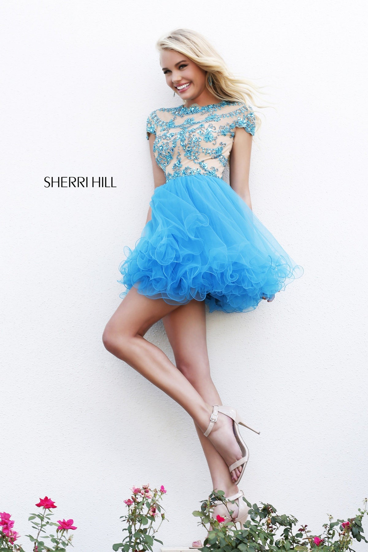 Sherri Hill 21304 cap-sleeve beaded cocktail dress with tulle skirt in nude/aqua