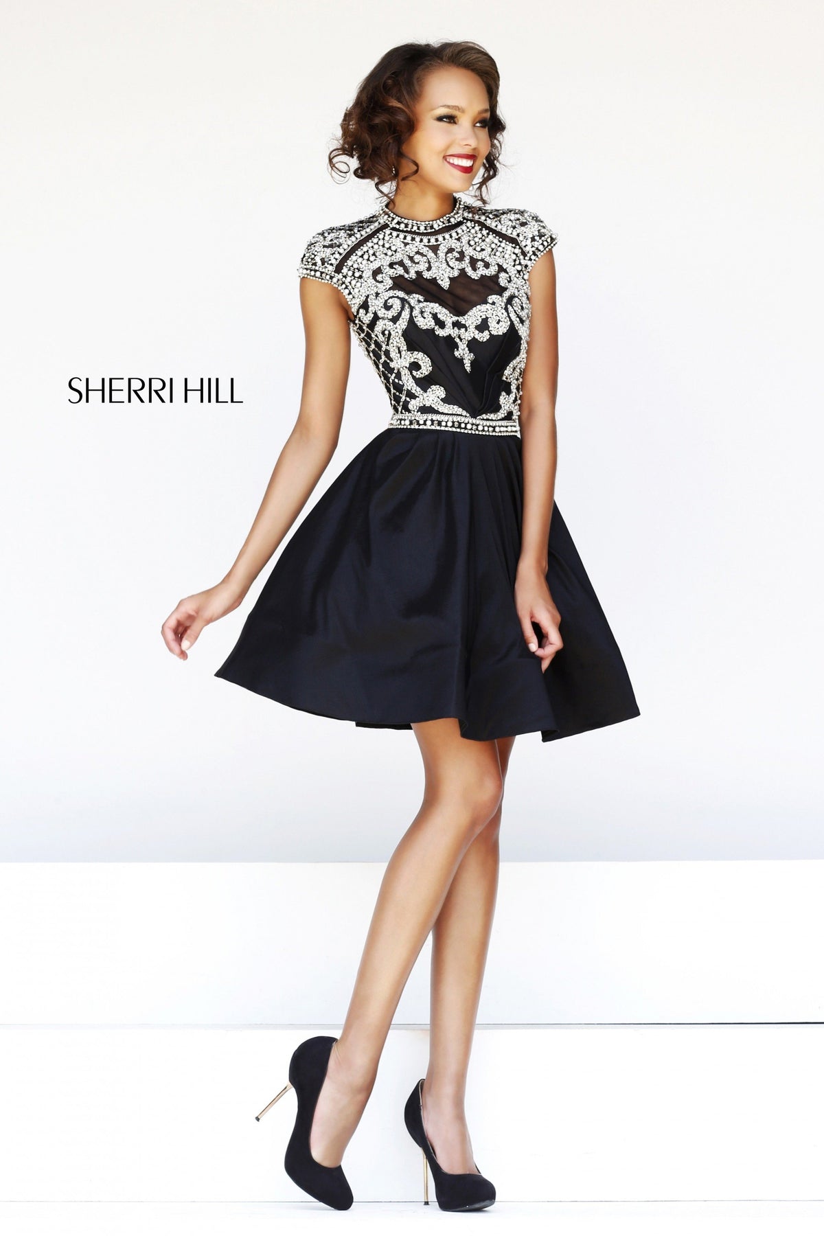 Sherri Hill 4300 beaded bodice chiffon cocktail dress in black