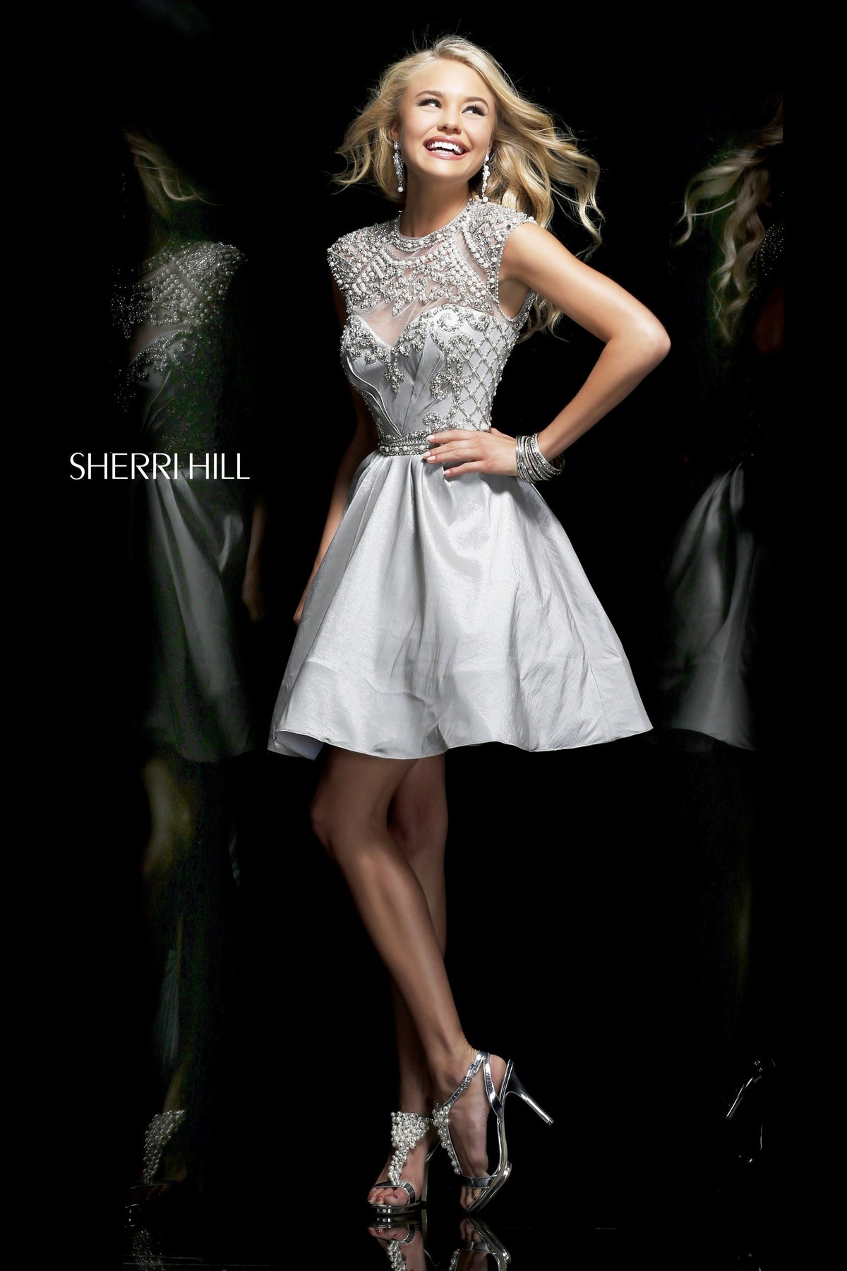 Sherri Hill 4300 beaded bodice chiffon cocktail dress in silver