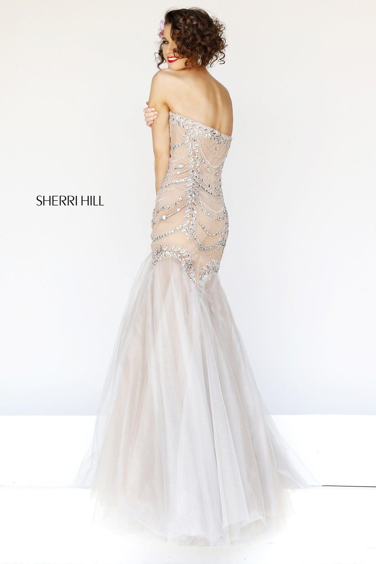 Sherri Hill 11079 strapless beaded mermaid gown in nude/silver
