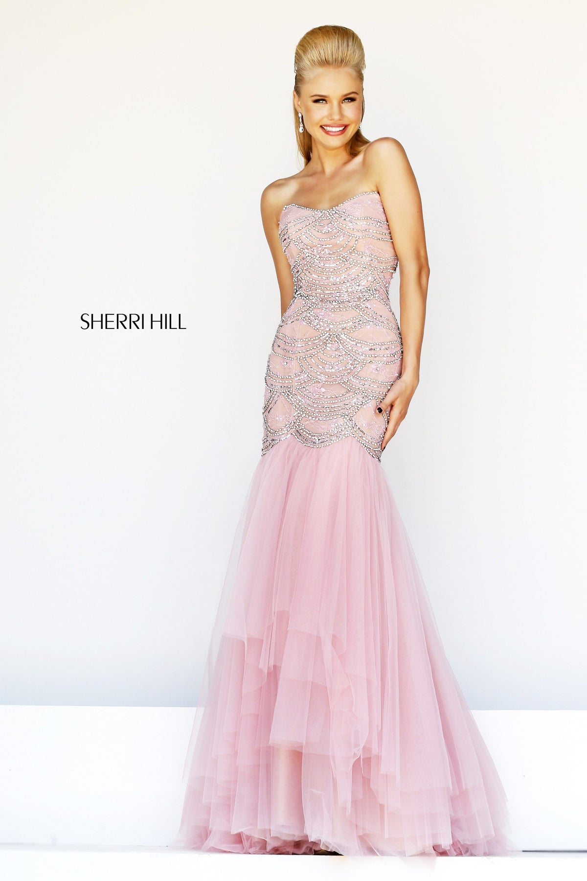 Sherri Hill 11080 strapless beaded gown with tiered tulle skirt in pink/nude
