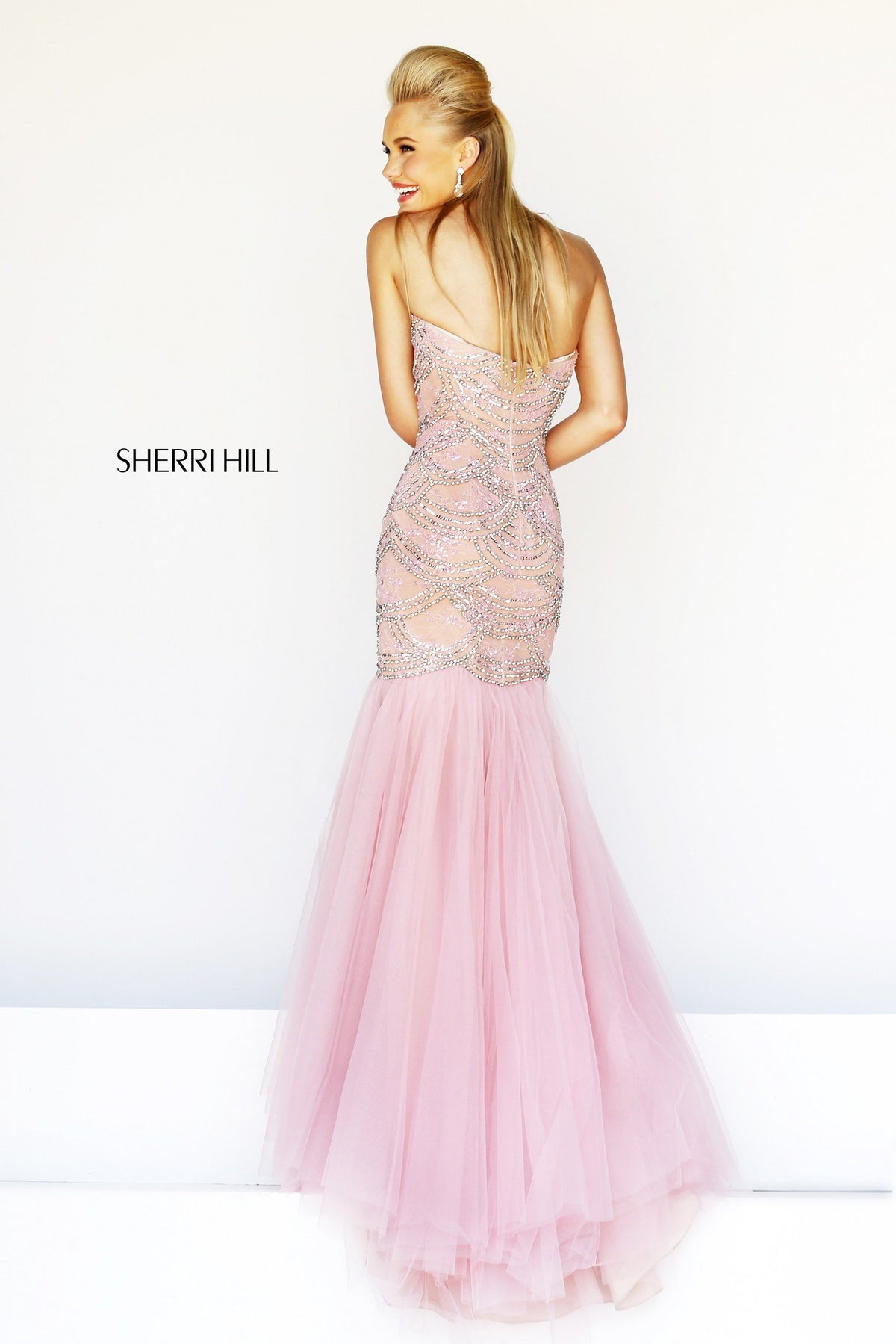 Sherri Hill 11080 strapless beaded gown with tiered tulle skirt
