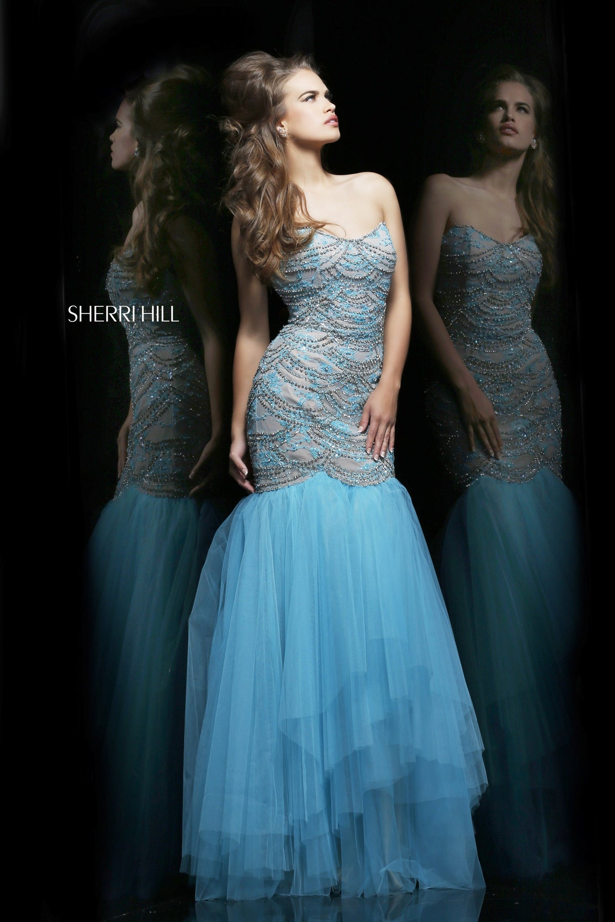 Sherri Hill 11080 strapless beaded gown with tiered tulle skirt in light blue/nude