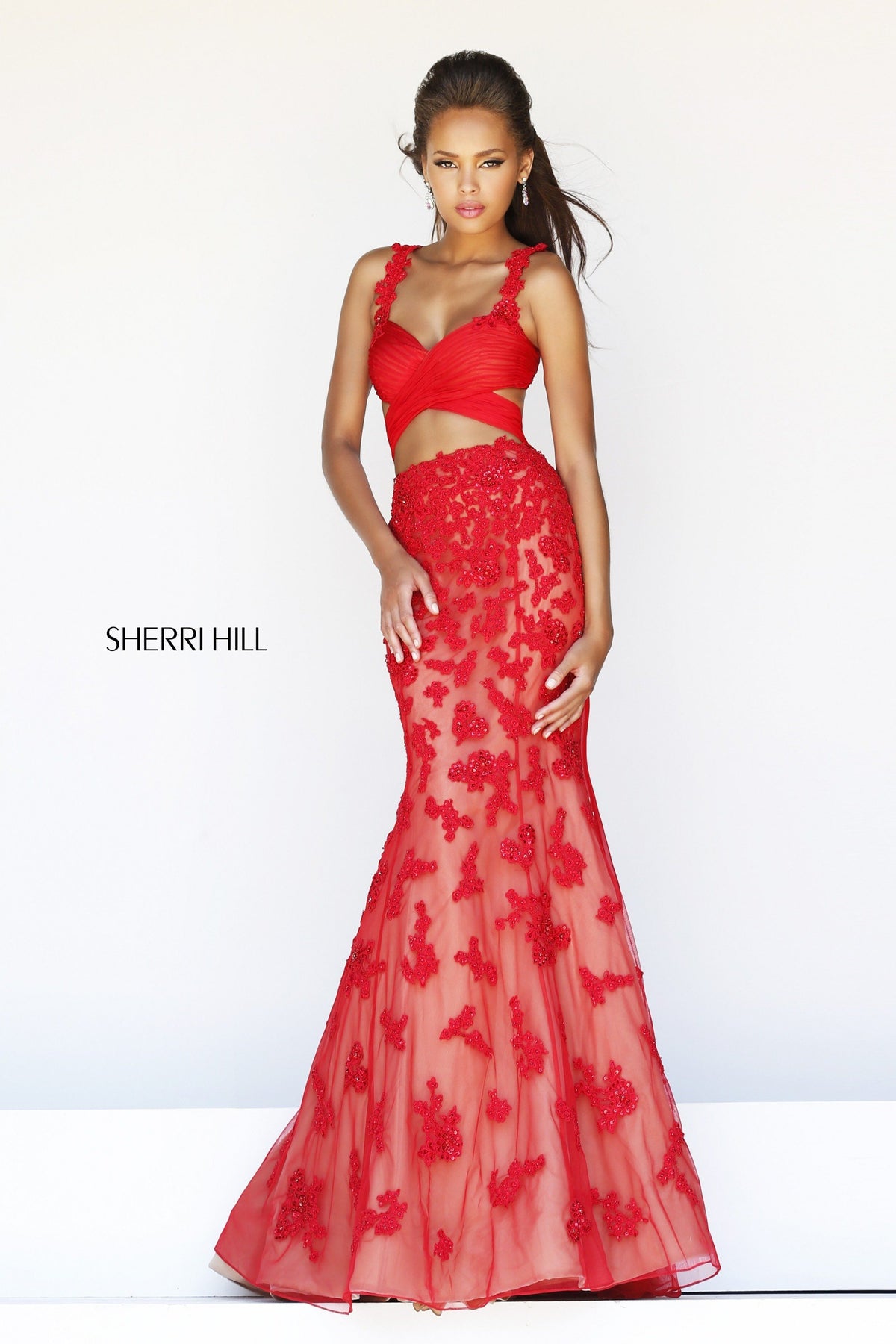 Sherri Hill 11081 two-piece lace mermaid gown in red/nude