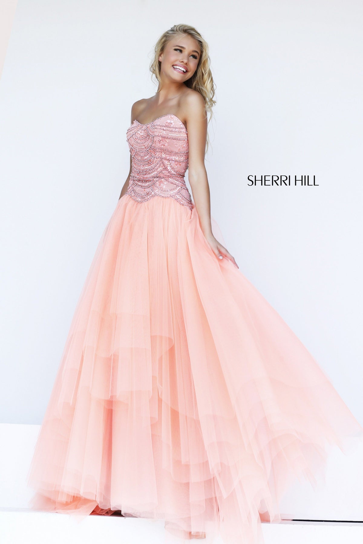 Sherri Hill 11082 beaded bodice tulle gown in peach