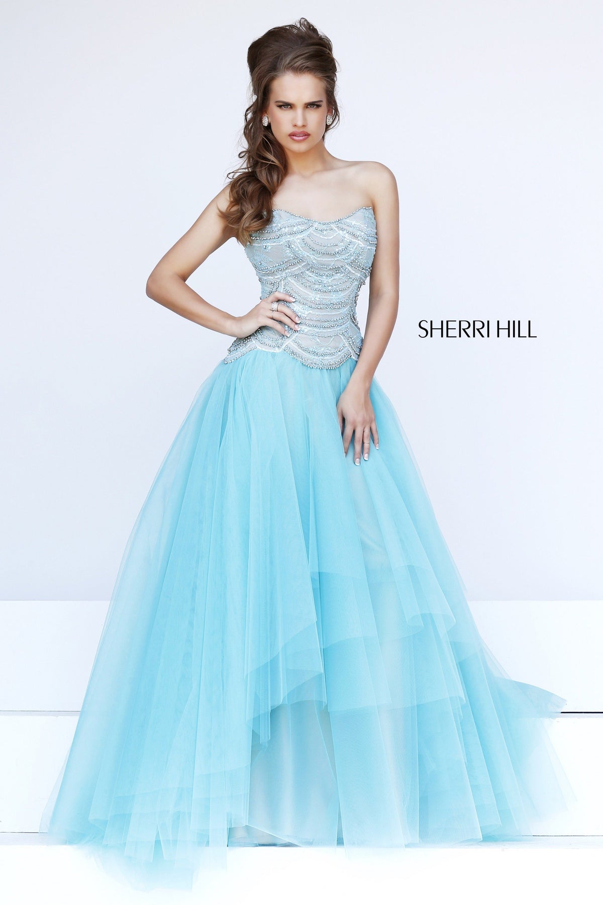Sherri Hill 11082 beaded bodice tulle gown in aqua