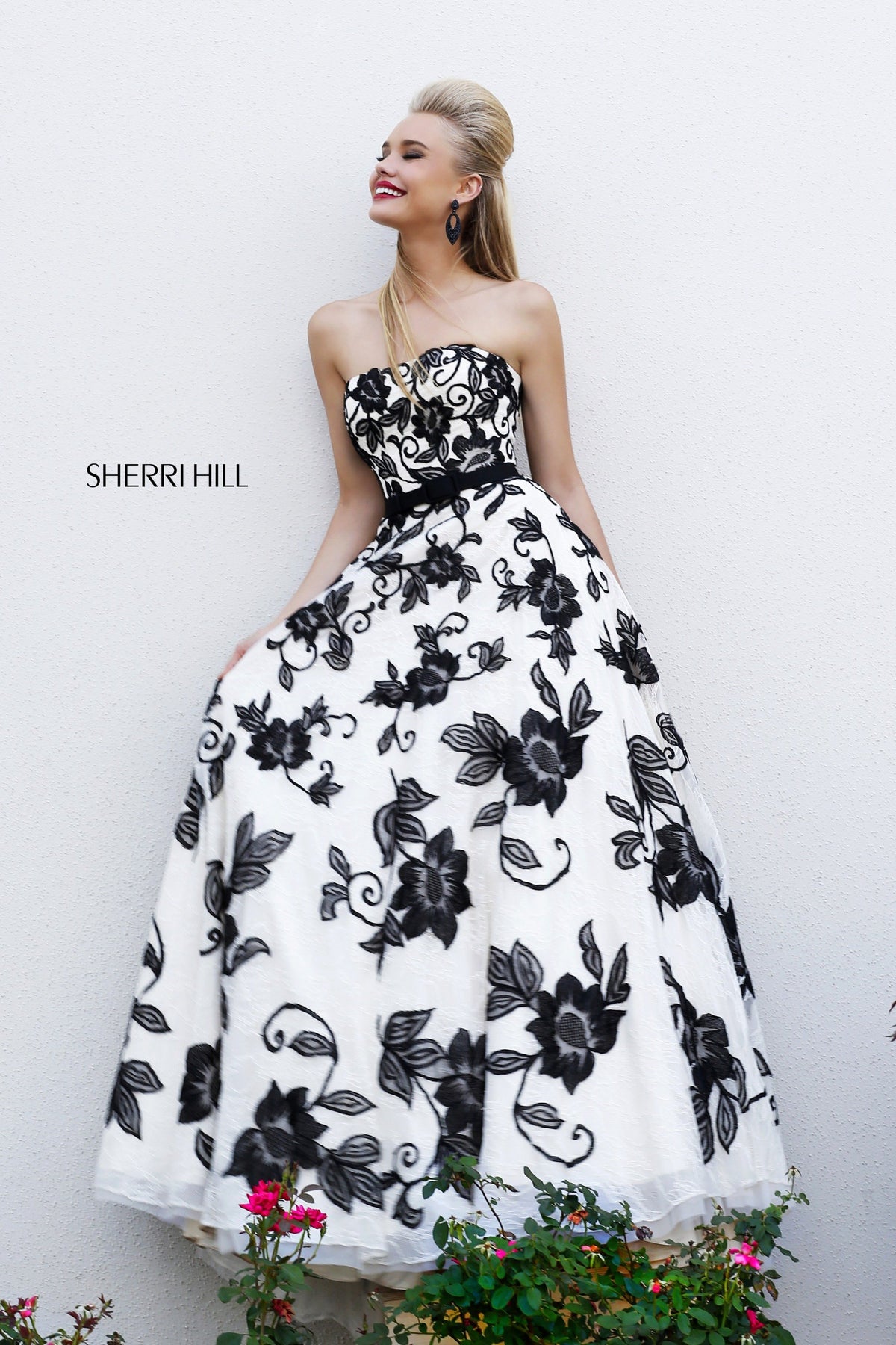 Sherri Hill 11083 strapless floral print ball gown in ivory/black