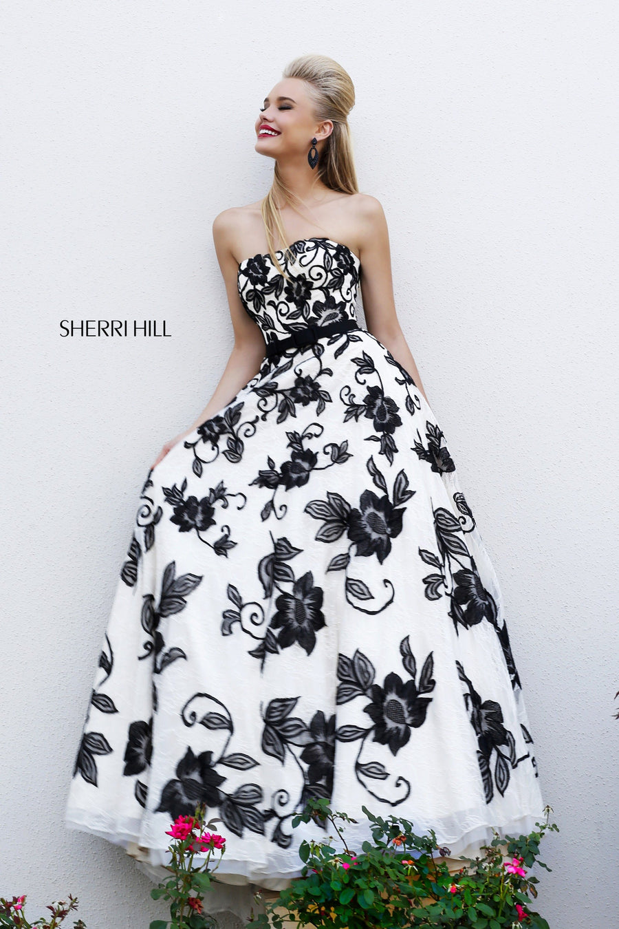 Sherri Hill style 11083 in ivory/black, Strapless Floral Print Ball Gown