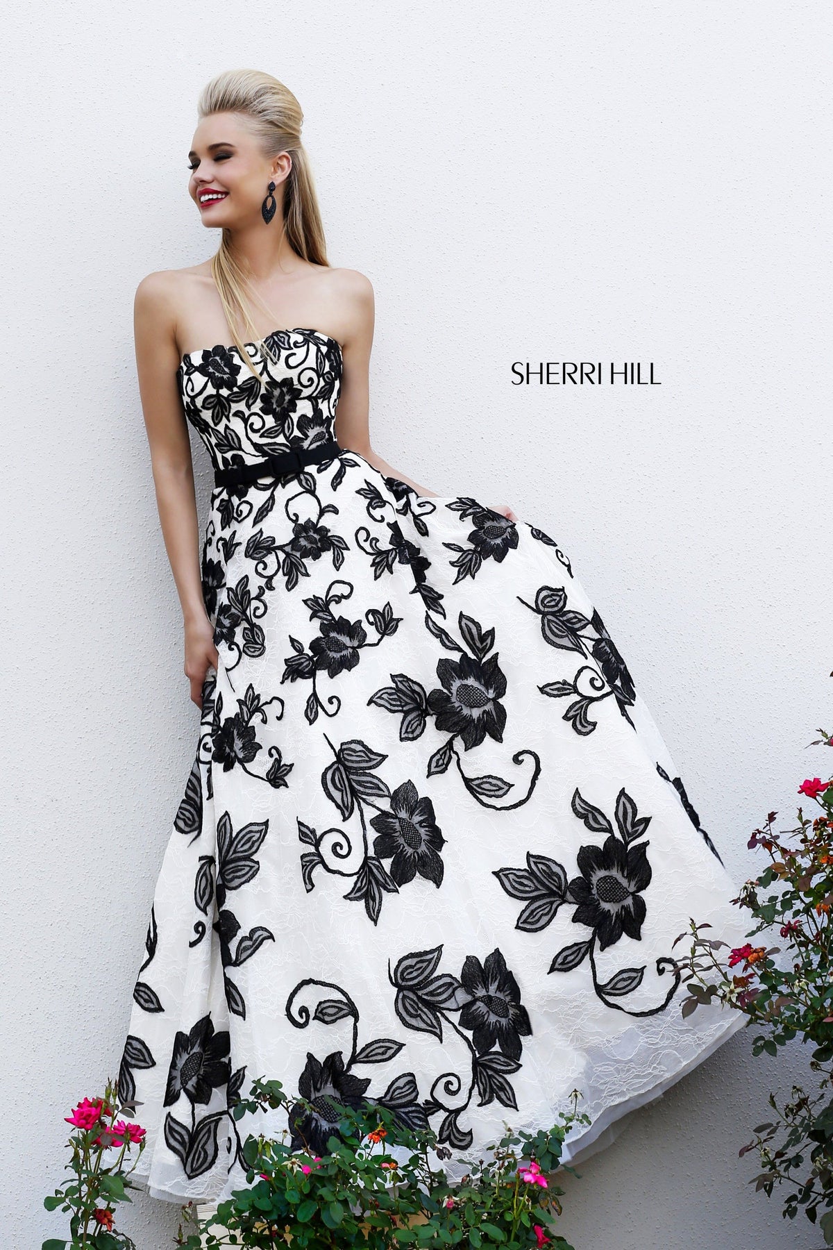 Sherri Hill 11083 strapless floral print ball gown in ivory/black