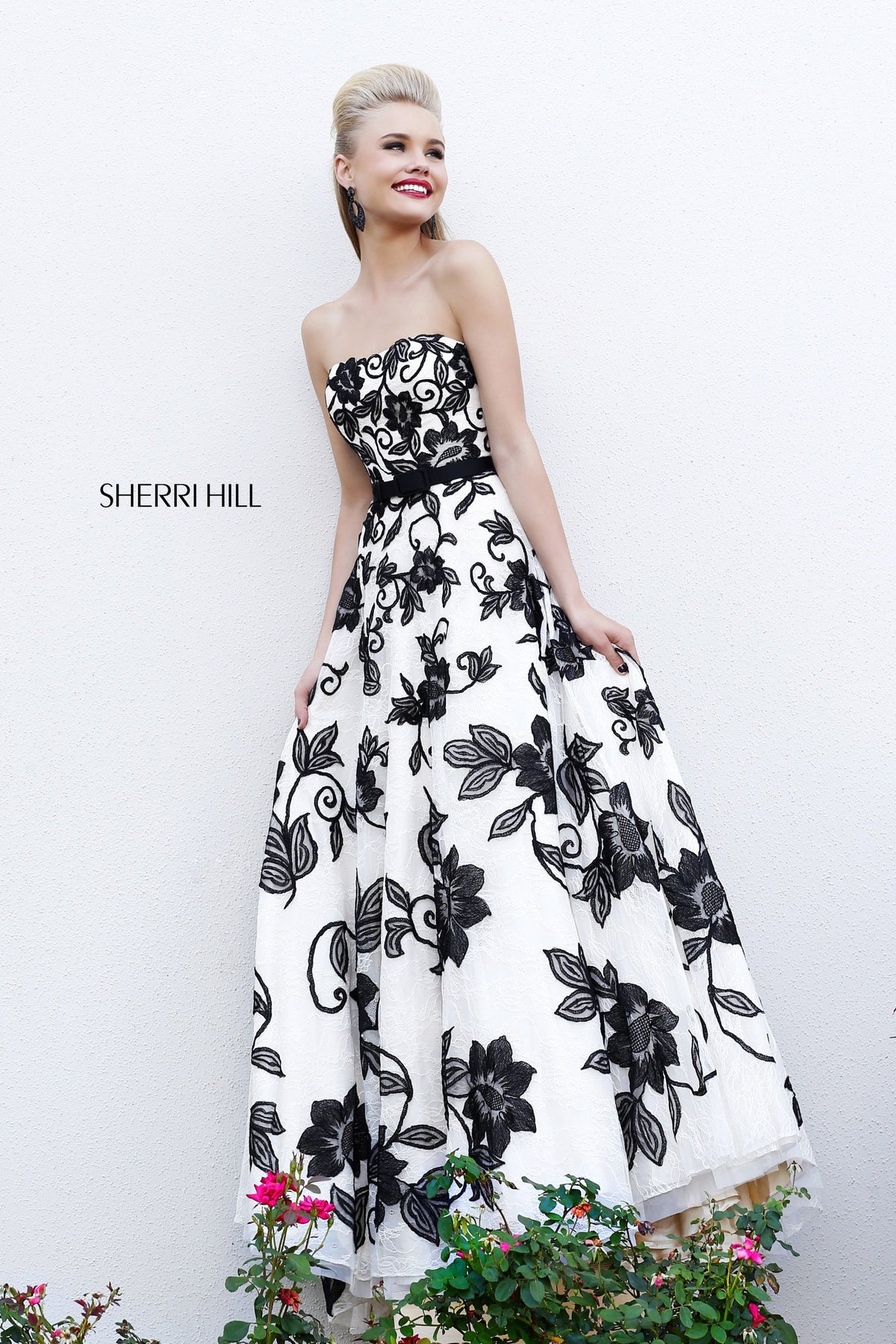 Sherri Hill 11083 strapless floral print ball gown in ivory/black