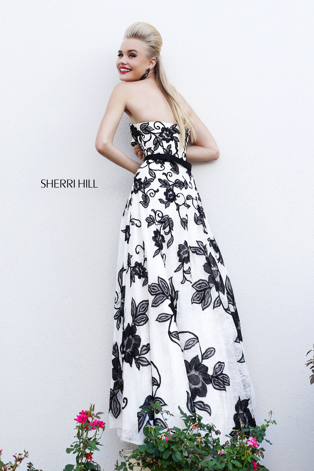 Sherri Hill 11083 strapless floral print ball gown in ivory/black