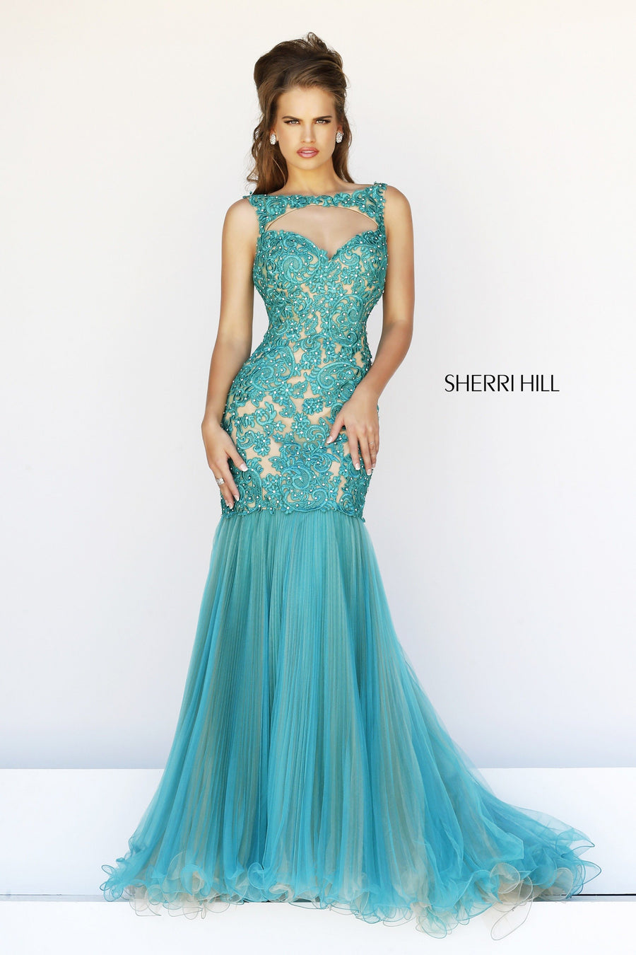 Sherri Hill style 21305 in emerald/nude, Beaded Lace Mermaid Gown with Tulle Skirt