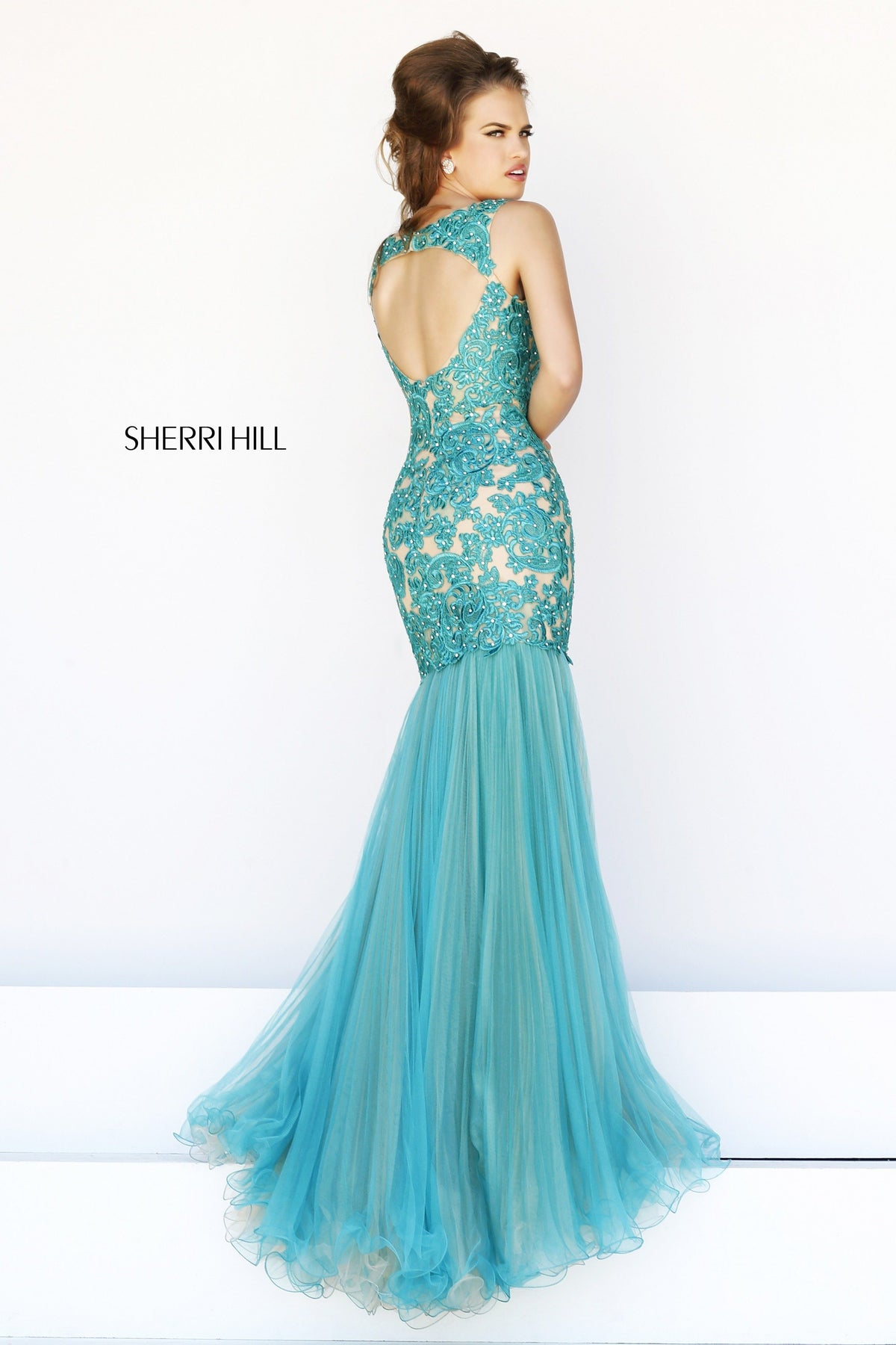Sherri Hill 21305 beaded lace mermaid gown with tulle skirt in emerald/nude