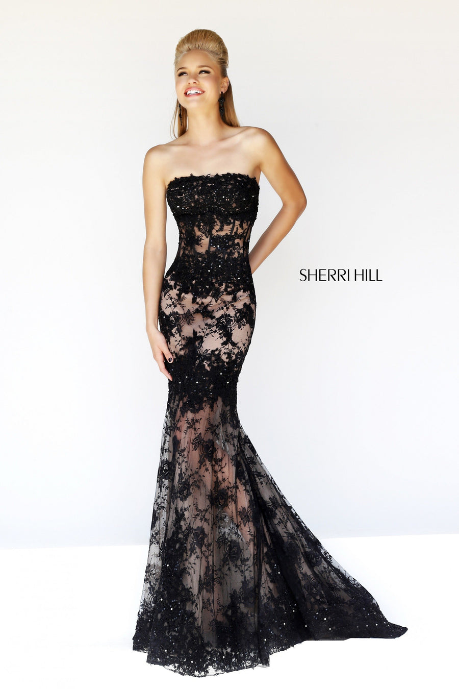 Sherri Hill style 11084 in black/nude, Strapless Lace Mermaid Gown